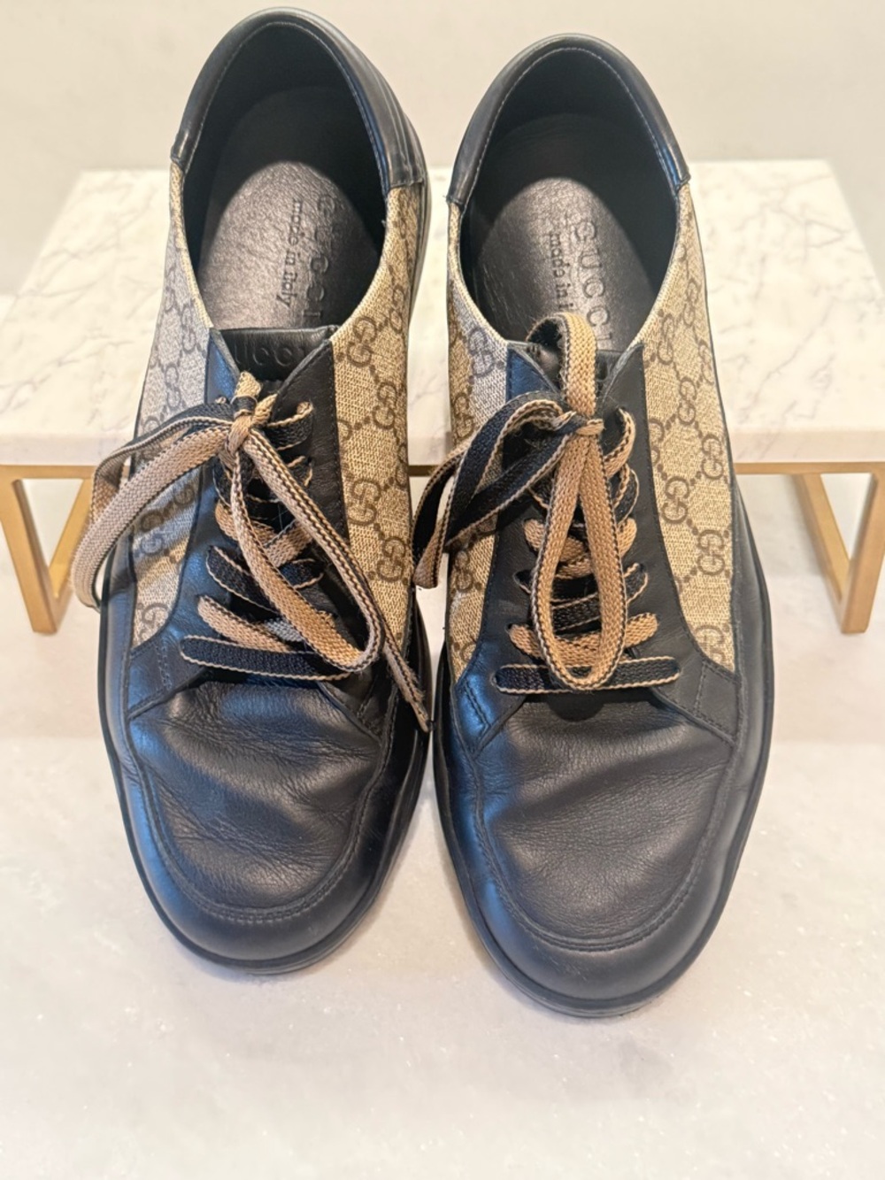 Gucci Black Leather & Beige GG Canvas Sneakers Men’s luxury